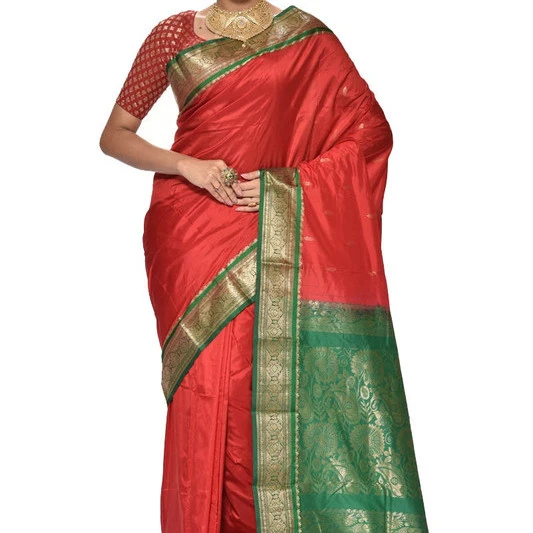Traditional Kanchipuram Pure Silk Saree in Red with Green Pink Contrast