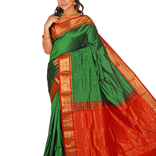 Traditional Kanchipuram Pure Silk Saree in Leaf Green with Red Contrast 