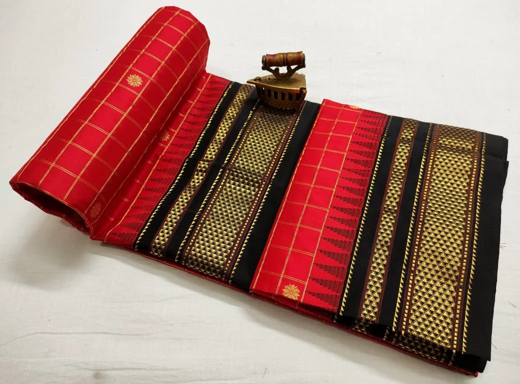 Pure Ilkaal Checks saree in Red with zari border and traditional woven patterns