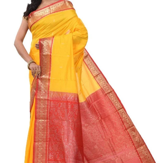 Orange and Red Contrast Traditional Kanchipuram Pure Silk Saree