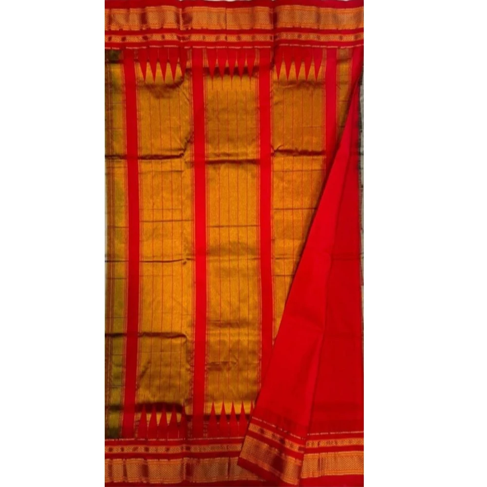 Baby Pink pure Ilkaal Butta saree with Red zari contrast border and traditional gold motifs