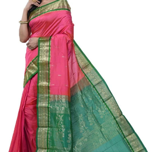 Rani Pink and Green Contrast Traditional Kanchipuram Pure Silk Saree