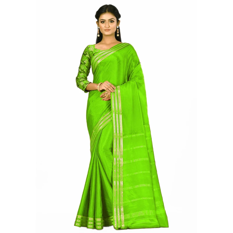 Green Self Coloured Three Lines Border Pure Mysore Silk Saree with silk Mark
