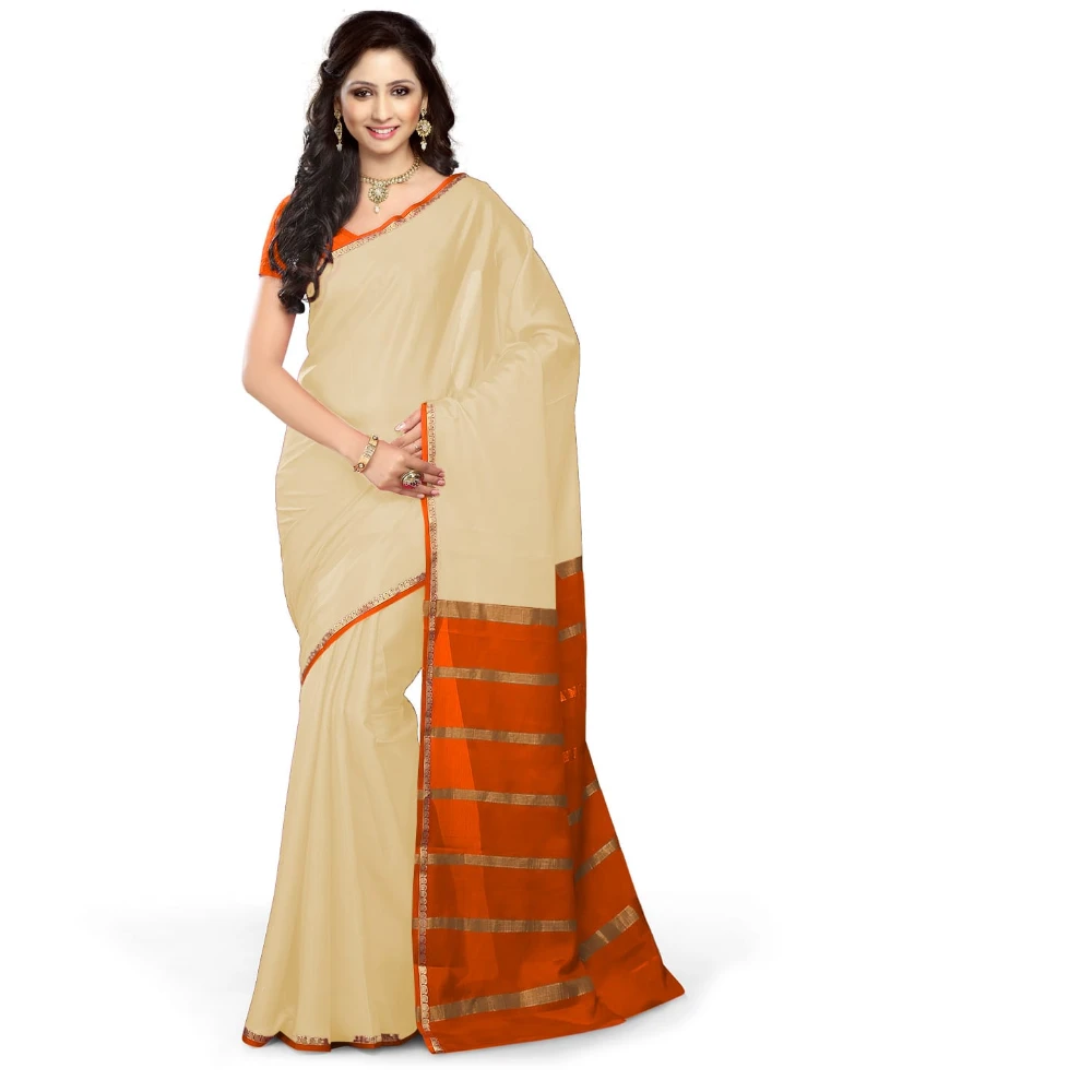 Tussar Cream with Orange Contrast Onam Special Pure Mysore Silk Handwoven saree
