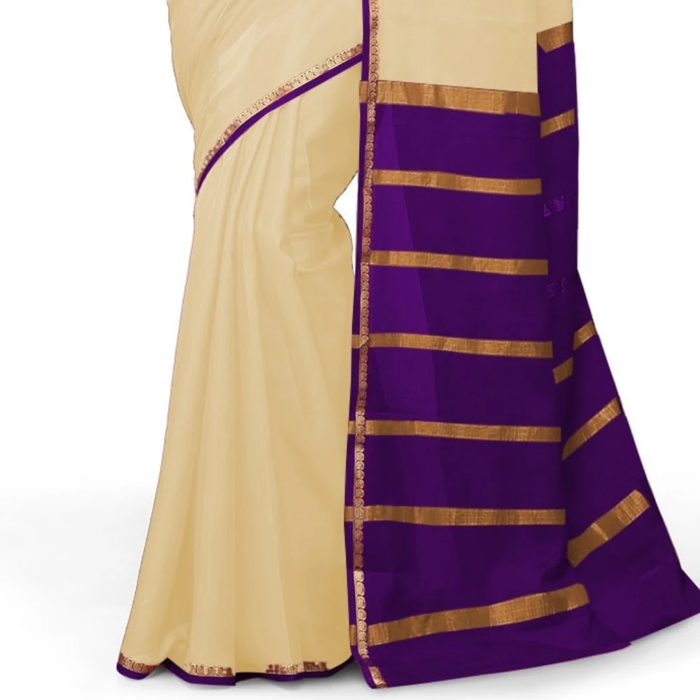 Tussar Cream with Voilet Contrast Onam Special Pure Mysore Silk Handwoven saree