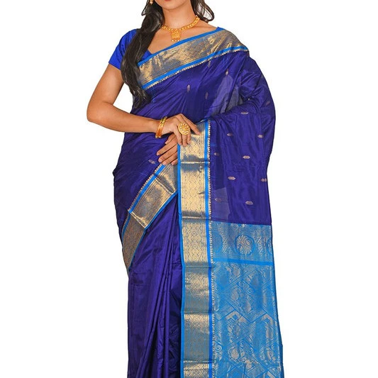 Traditional Kanchipuram Pure Silk Saree in Royal Blue with Anandha Blue Contrast