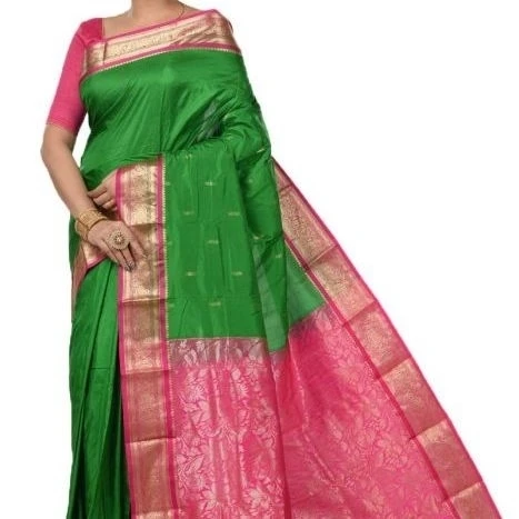 Green and Rani Pink Contrast Traditional Sarees for Arangetram in Kanjeevaram Silk