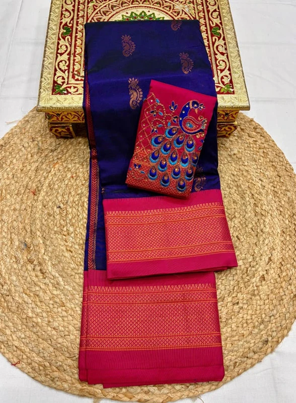 Magenta Pink Pure Silk Saree with Bottle Green Zari Border & Designer Blouse