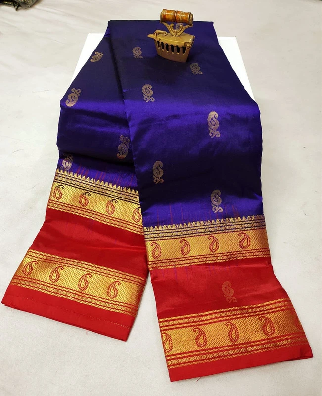 Royal Blue and Red Kanchipuram silk saree with Bentex border and golden motifs