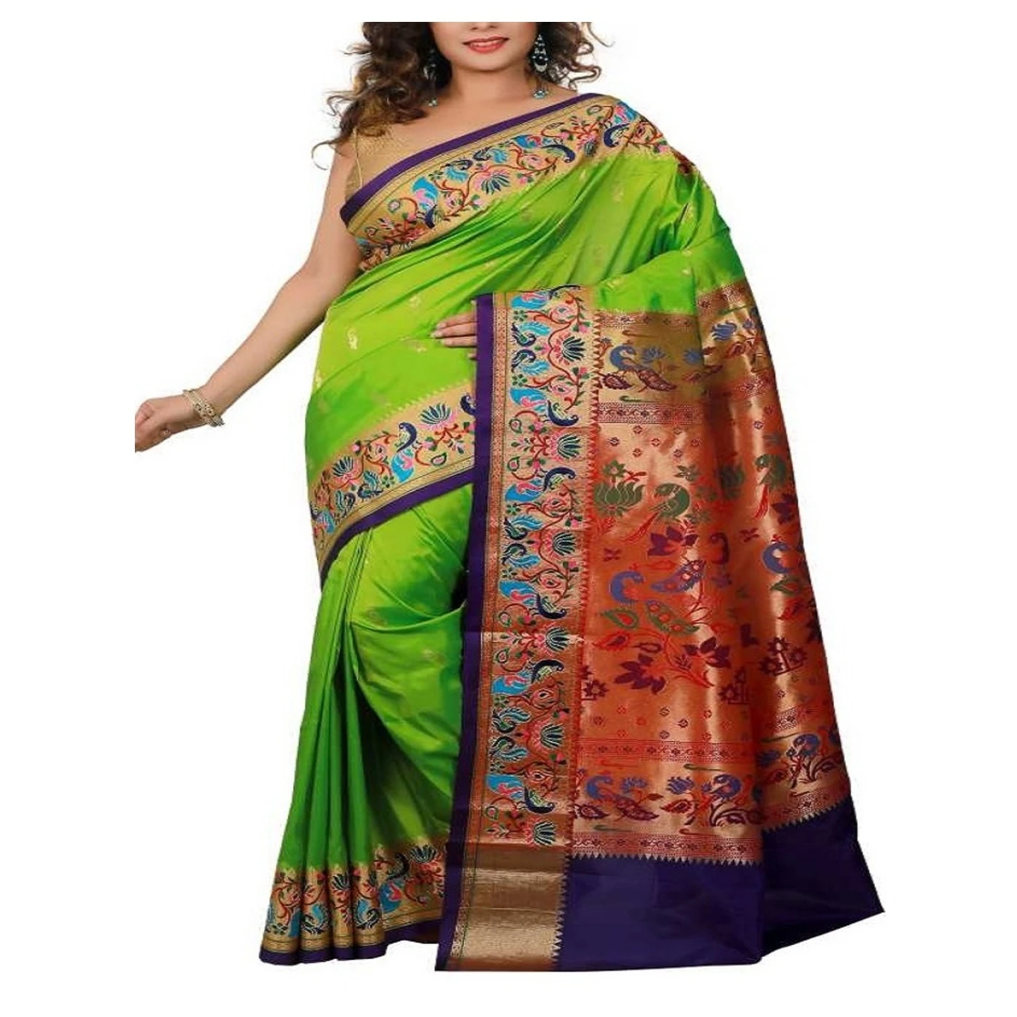 Parron Green and Royal Blue Embroidery Border Paithani Art Silk Saree