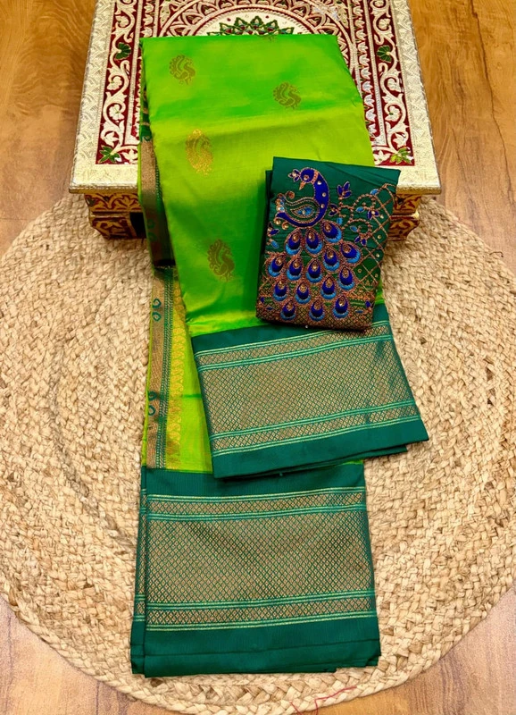Parrot Green and Green Border Semi Silk Paithani Saree with Peacock Embroidery Designer Blouse
