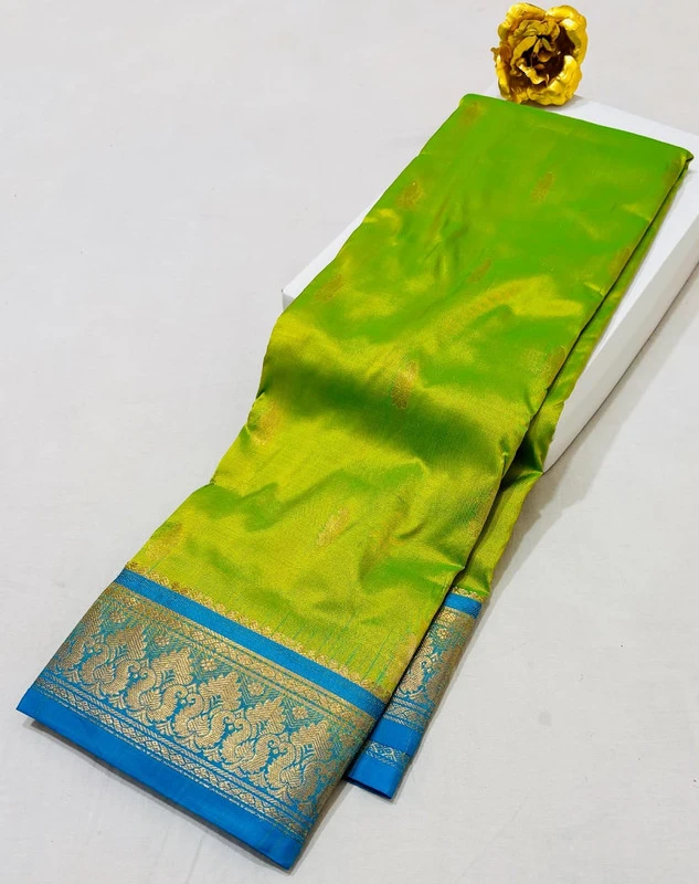 Olive green Kanchipuram pure silk saree with red zari border