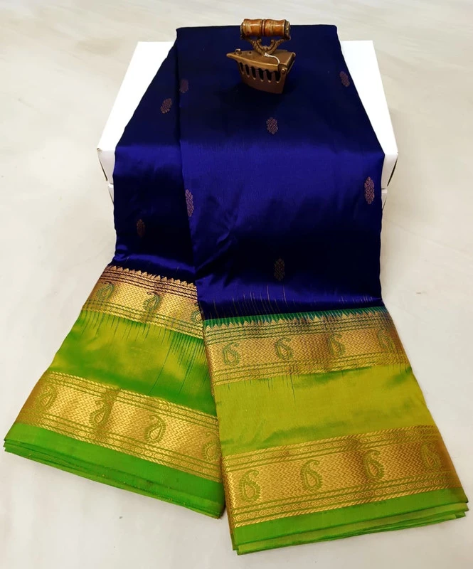 Navy Blue and Green Kanchipuram silk saree with Bentex border and golden motifs