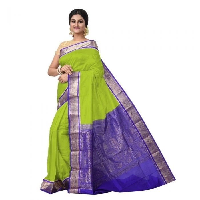 Parrot Green and Violet Contrast Traditional Kanchipuram Pure Silk Saree 