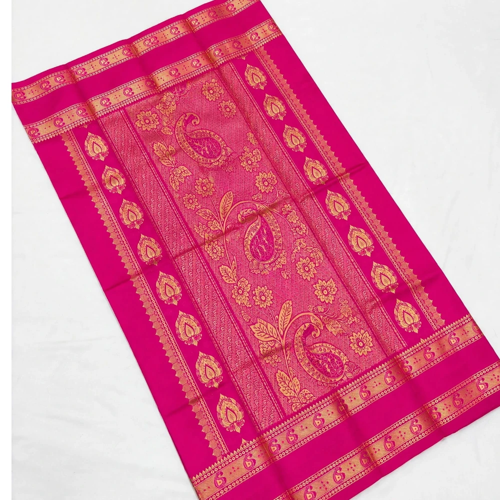 Light Pink and Pink Kanchipuram silk saree with Bentex border and golden motifs