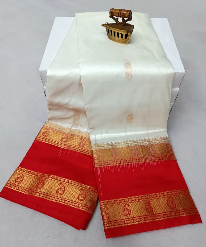 Ivory and Red Kanchipuram silk saree with Bentex border and golden motifs
