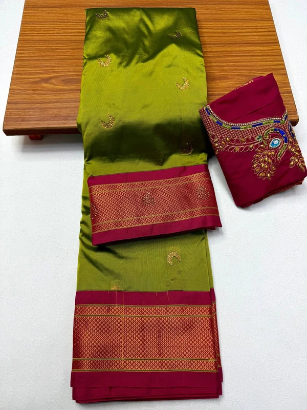 Metallic Green wth Red Border Semi Silk Paithani Saree with Peacock Embroidery Blouse