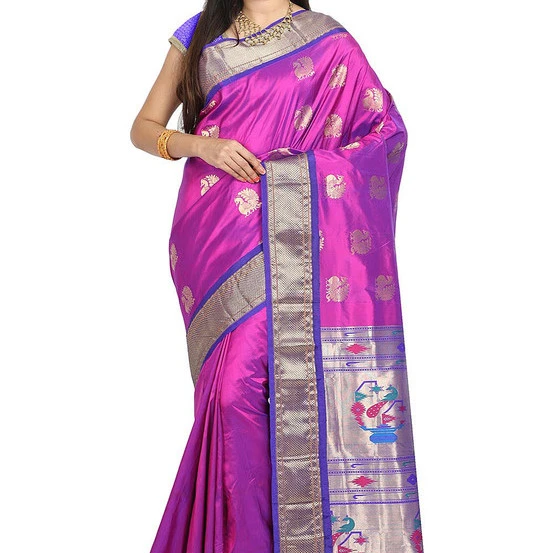Paithani Pure Silk in Magenta with Voilet Contrast Border Meena Butta Saree with Silk Mark