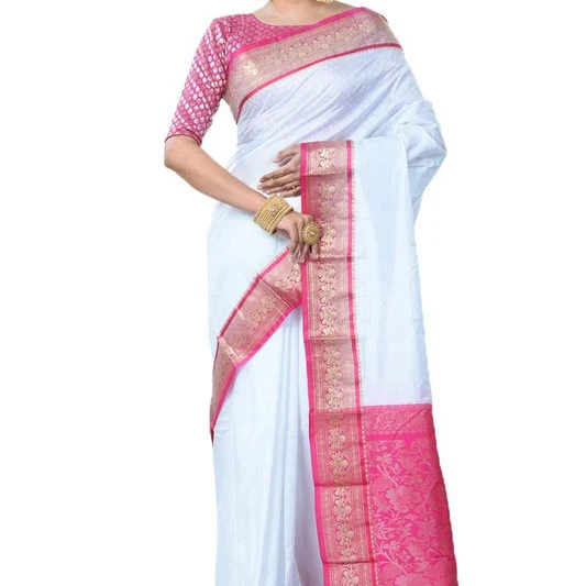 Milk White and Rani Pink Contrast Traditional Kanchipuram Pure Silk Saree
