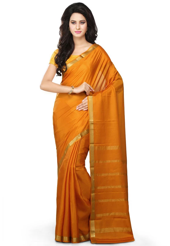 Orange Self Coloured Pure Mysore Silk Handwoven saree