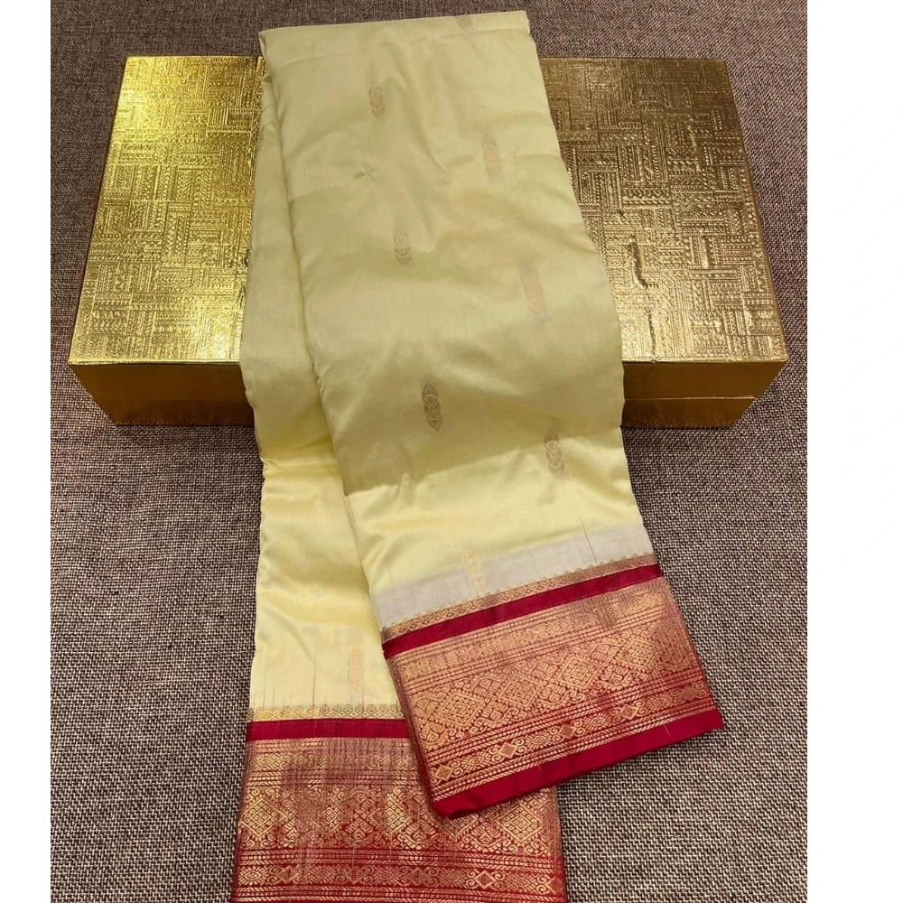 Kanchipuram Pure Silk Saree with Cream and Red Contrast