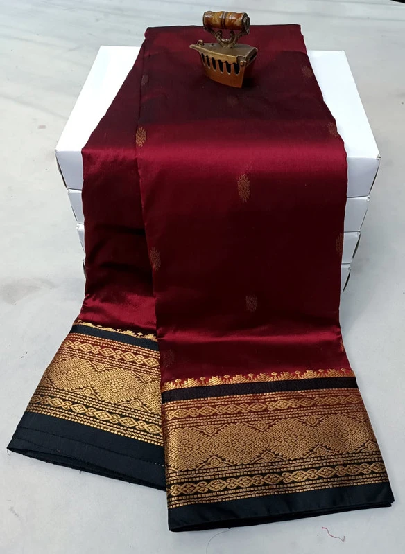 Maroon with Violet traditional silk saree with zari border for festive and wedding occasions