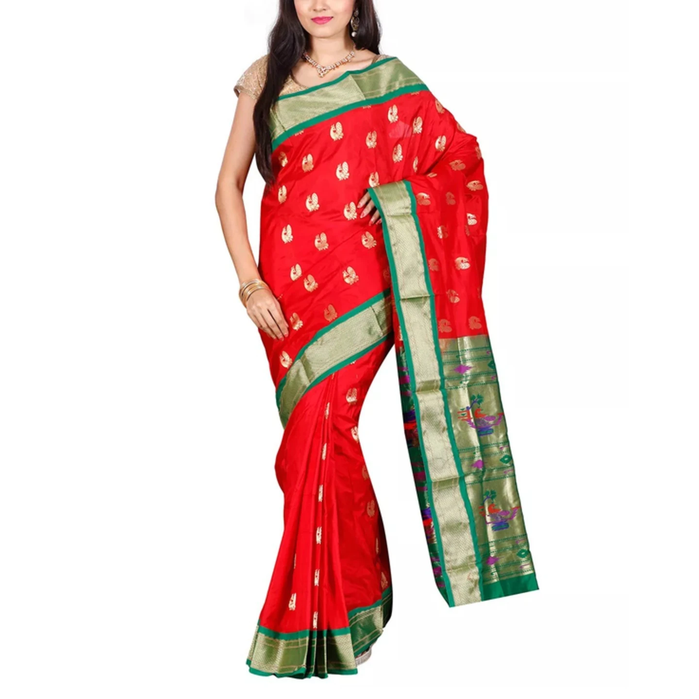 Paithani Pure Silk in Tomato Red with Green Contrast Border Meena Butta Saree with Silk Mark