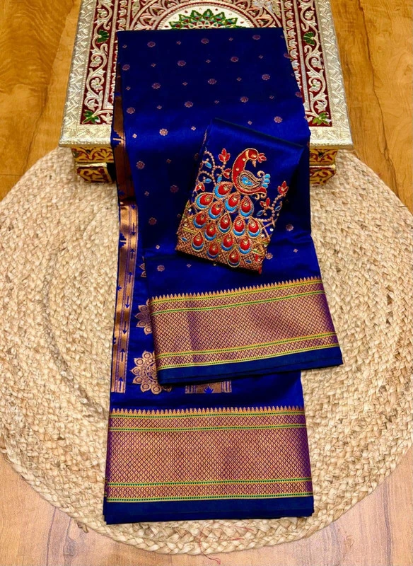 Regal Royal Blue Semi Silk Paithani Saree with Peacock Embroidery Designer Blouse