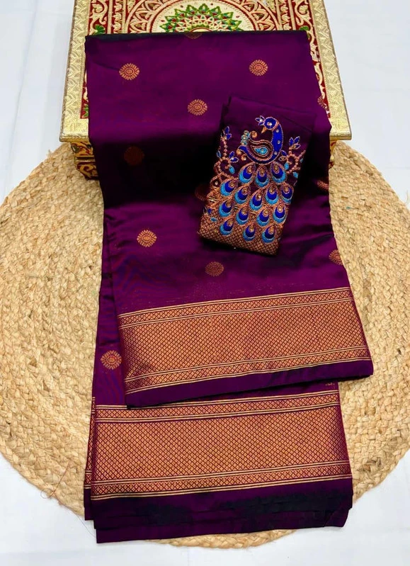 Regal Magenta Self Semi Silk Paithani Saree with Peacock Embroidery Designer Blouse