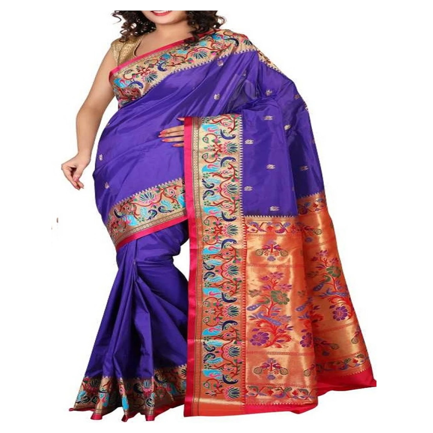 Blue and Red Woven Embroidery Border Paithani Art Silk Saree