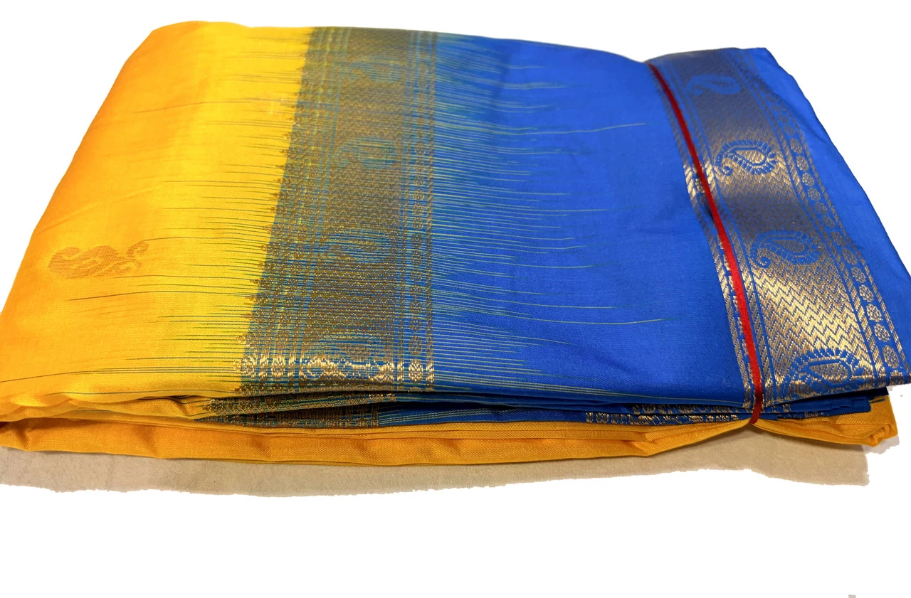 Exclusive Kanchipuram Pure Silk Saree with Pure Silk Blouse - Yellow & Royal Blue