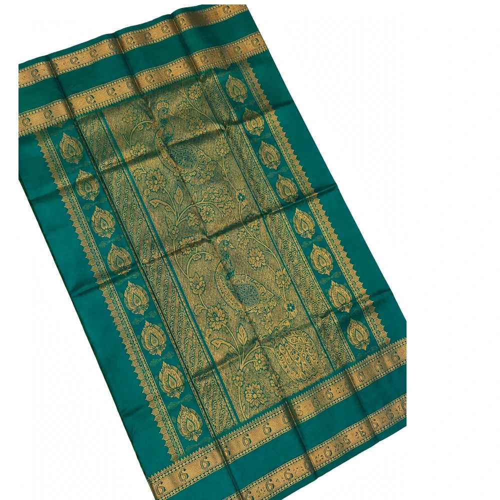 Purple silk saree with green Bentex border and gold paisley motifs.
