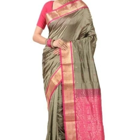 Metallic Grey and Rani Pink Contrast Traditional Kanchipuram Pure Silk Saree