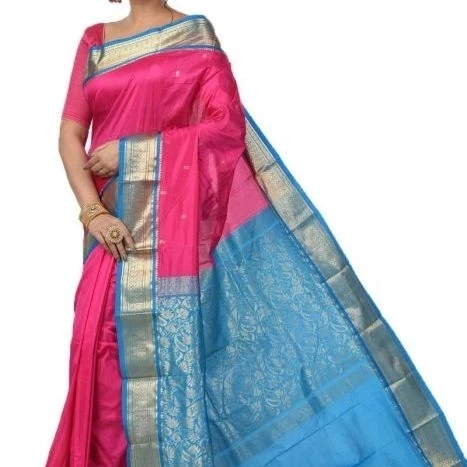 Traditional Arangetram Kanchipuram Pure Silk Saree in Rani Pink with Anandha Blue Contrast 