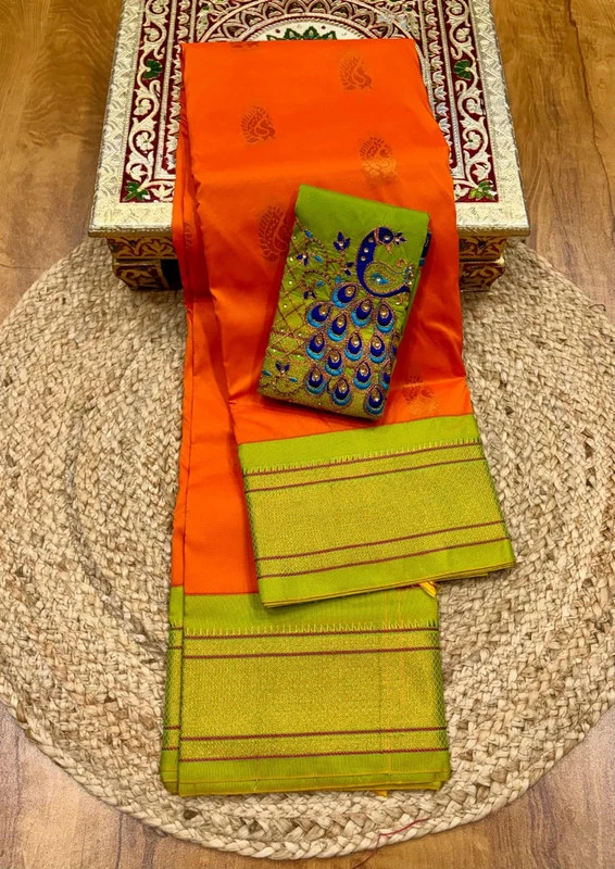 Orange and Green Semi Silk Paithani Saree with Peacock Embroidery Designer Blouse