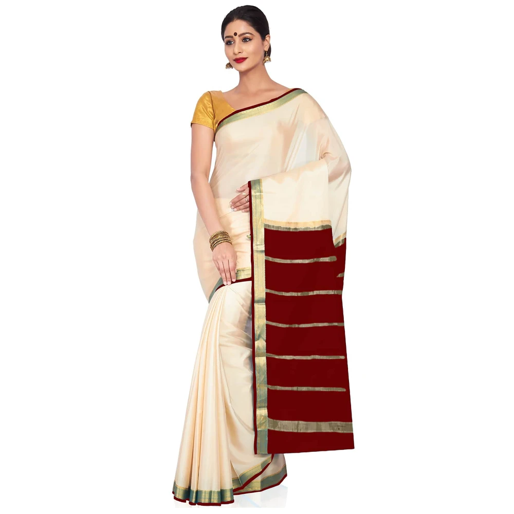 Tussar Cream with Marron Contrast Onam Special Pure Mysore Silk Handwoven saree