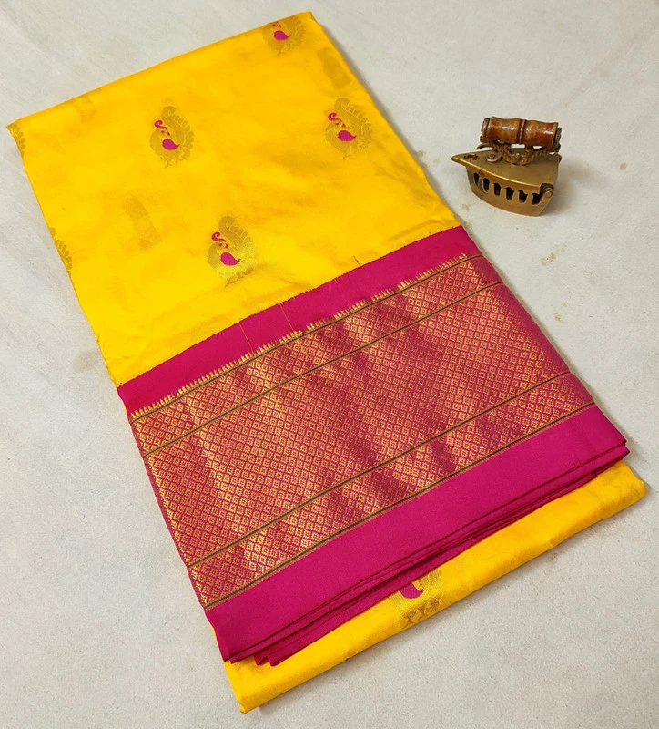 Yellow Pure Silk Paithani Saree featuring luxurious silk fabric, rich zari woven borders, elegant traditional motifs