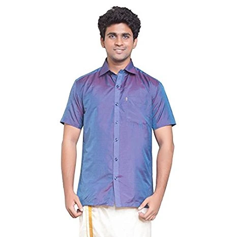 Dull Blue Dupion Silk Half Slevees Shirt