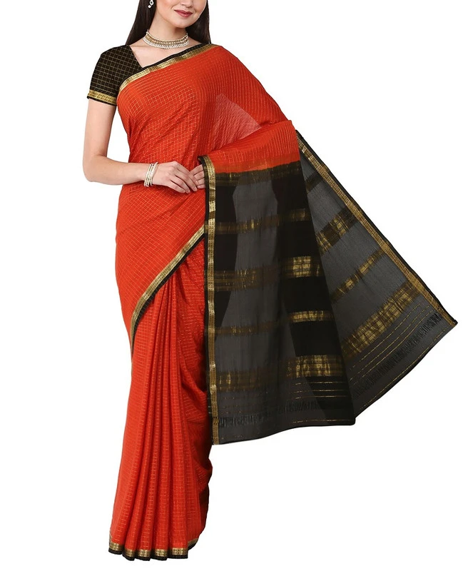 Bold Pure Mysore Silk Saree in Crimson Red & Stunning Gold Zari Border
