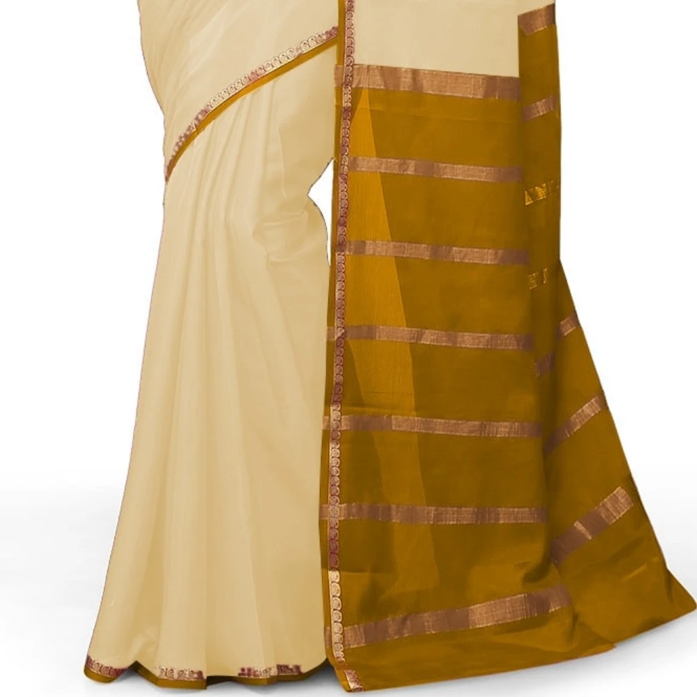 Tussar Cream with Yellow Contrast Onam Special Pure Mysore Silk Handwoven saree