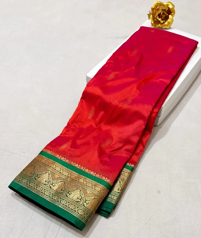 Pinkish Red Kanchipuram pure silk saree with Green and Gold zari border, traditional Indian wedding saree