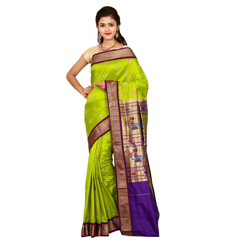 Paithani Pure Silk Olive Green with Violet Border Meena Butta  Saree with Silk Mark