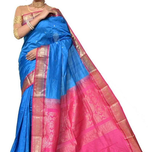 Traditional Arangetram Kanchipuram Pure Silk Saree in Anandha Blue with Rani Contrast 