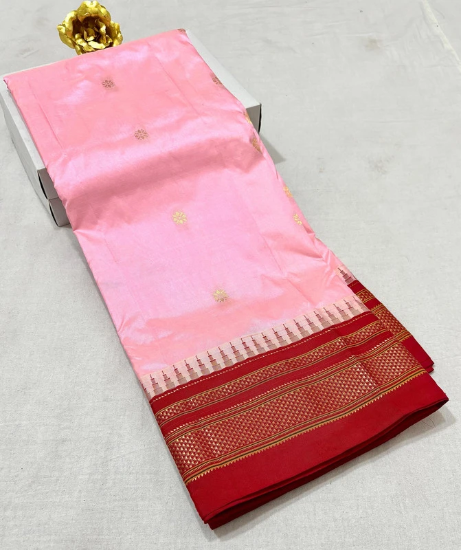 Baby Pink pure Ilkaal Butta saree with Red zari contrast border and traditional gold motifs