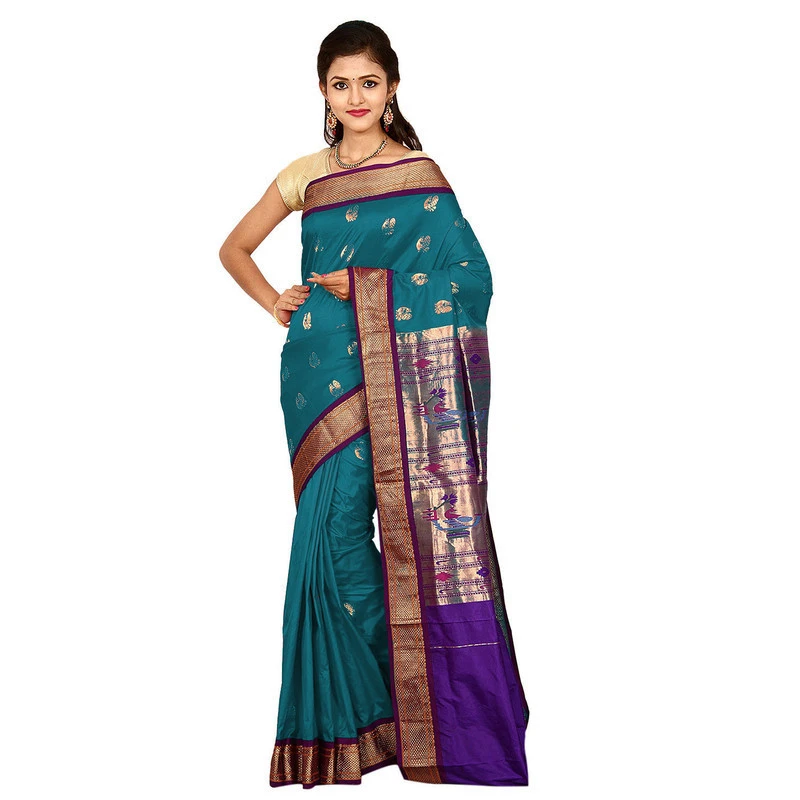 Paithani Pure Silk Rama Green with Violet Border Meena Butta  Saree with Silk Mark