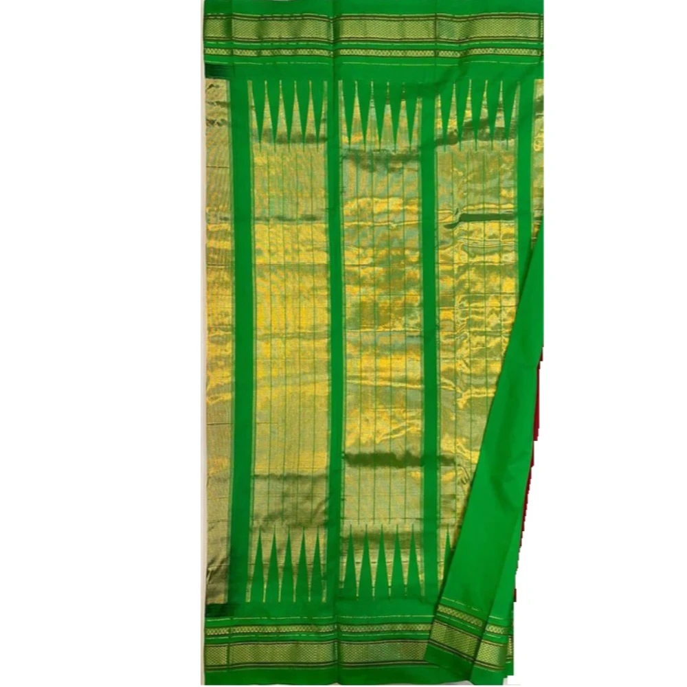 Hot Pink pure Ilkaal Butta saree with Green zari contrast border and traditional gold motifs