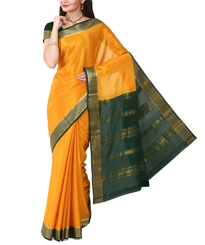 Golden Yello with Green Contrast  Superior Quality Pure Mysore Silk Saree
