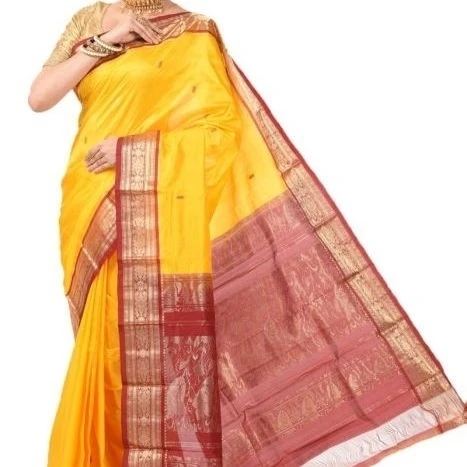 Traditional Arangetram Kanchipuram Pure Silk Saree in Golden Yellow with Marron Contrast 