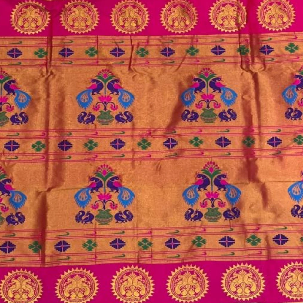 Royal Blue Pure Silk Paithani Saree with Gold-Pink Peacock Buti & Rani Pink Zari Border