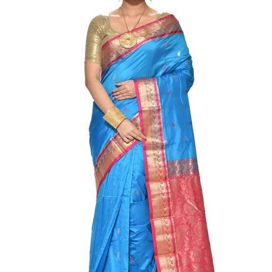 Traditional Kanchipuram Pure Silk Saree in Anandha Blue with Rani Pink Contrast 